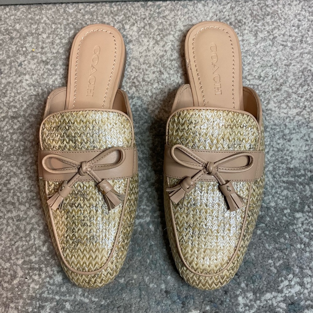 Coach Stassi Raffia Tassel Loafer Slides - Metallic Straw - Size 7N (BLEMISHES) - Picture 3 of 16